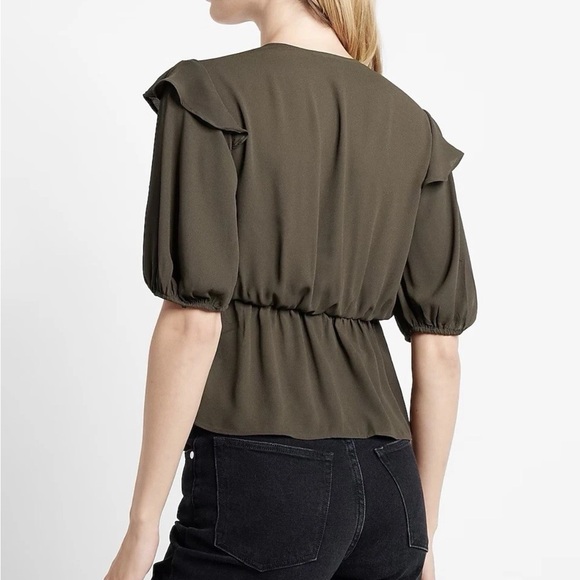 Express Women's Top Size XS Faux Wrap Puff Sleeves Peplum Olive Green NWT $54 - Picture 2 of 16